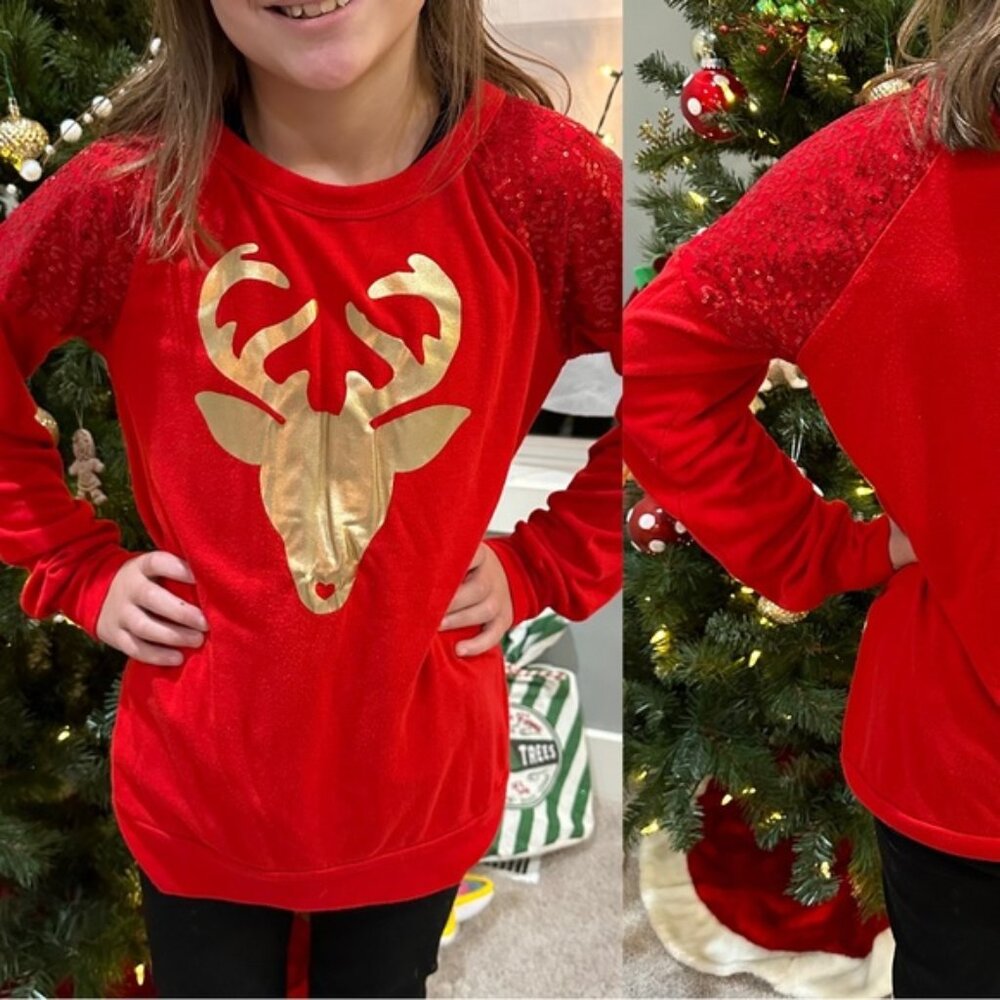 Jerry Leigh | Red and Gold Sequin Holiday Reindeer Sweater | Size Small (3-5)
